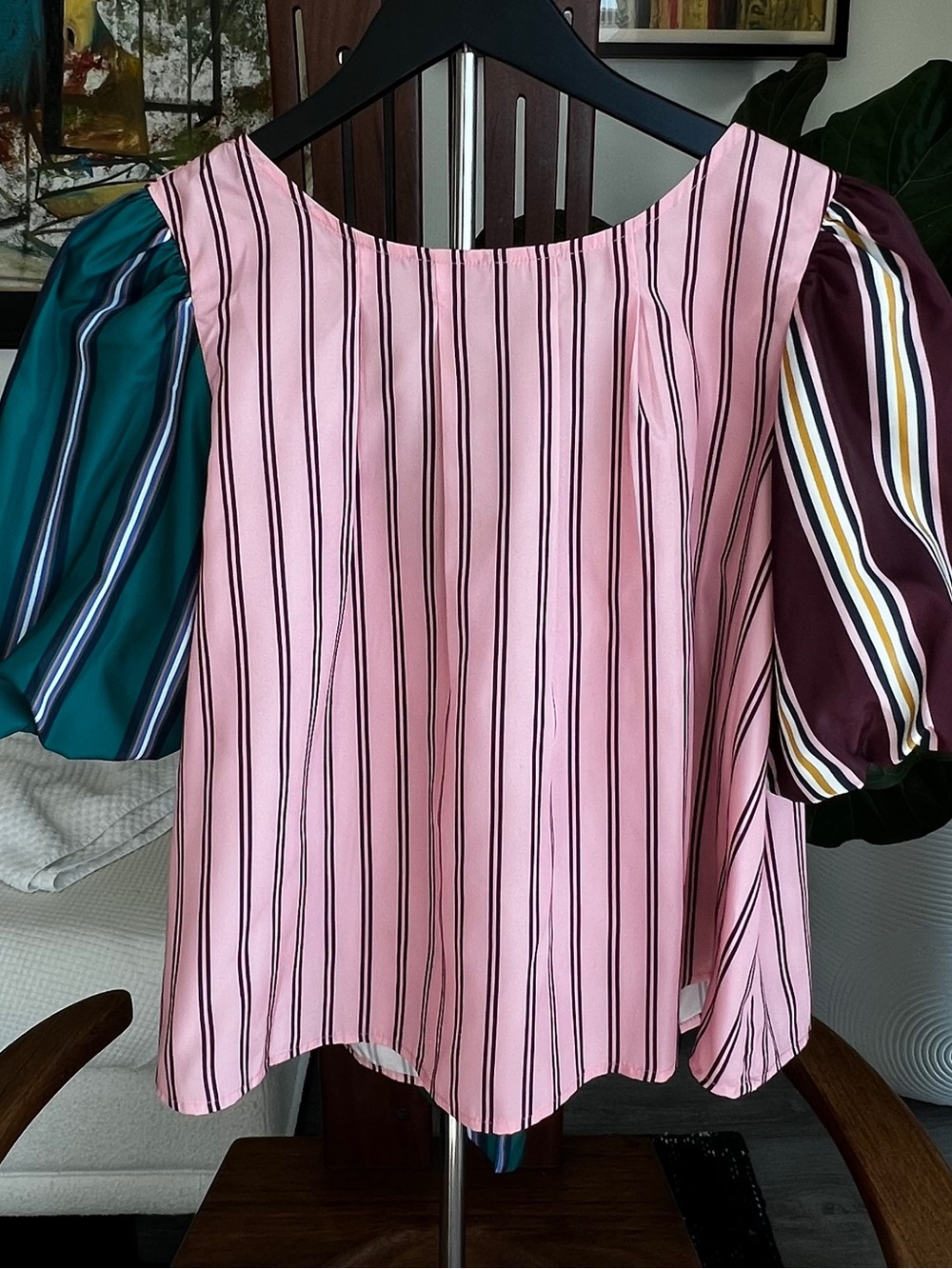 Feminine Striped Pink Puff-Sleeve Women's Top